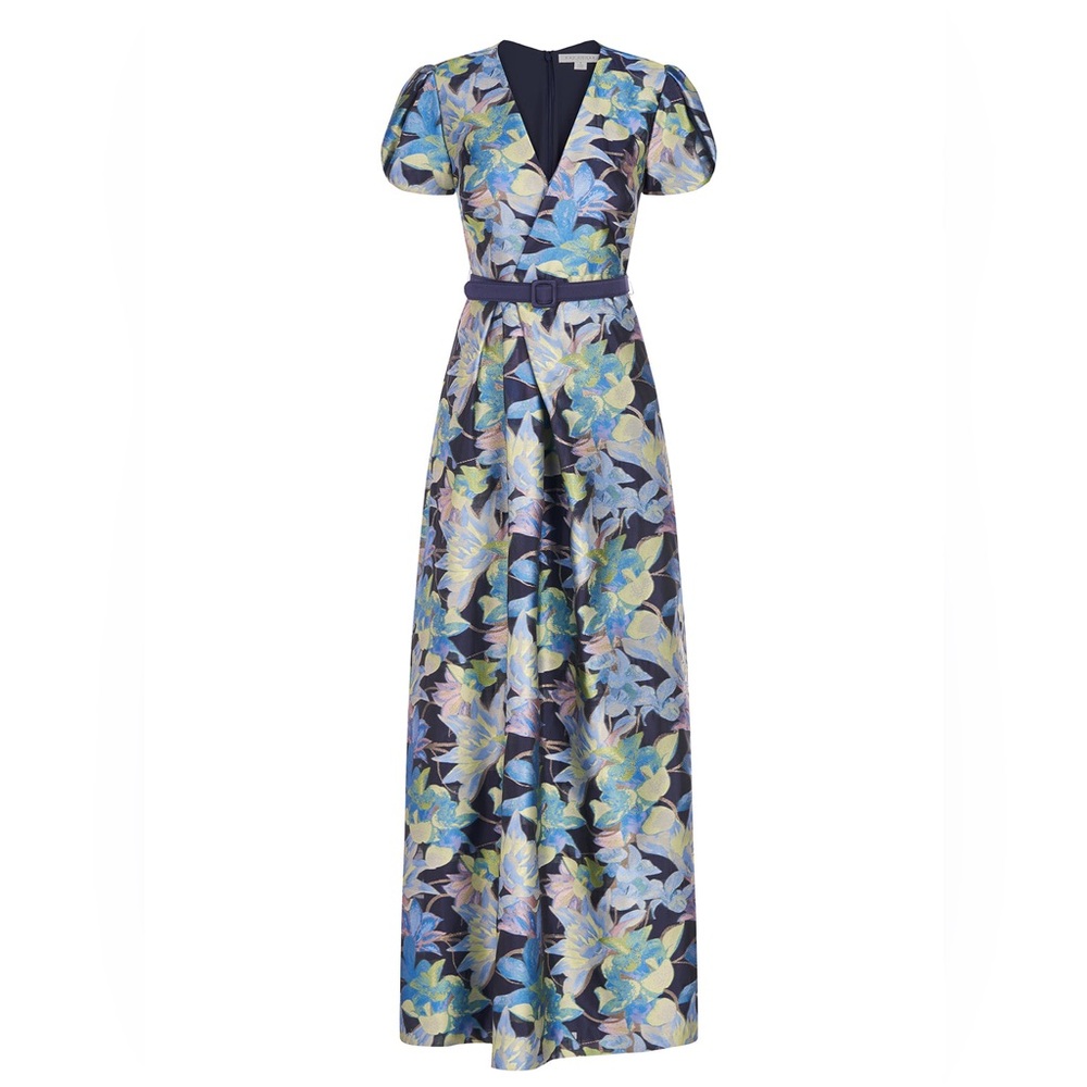 NEW NWT Kay Unger Reynolds Floral Print Puff Sleeve Belted Dress Gown Size 4